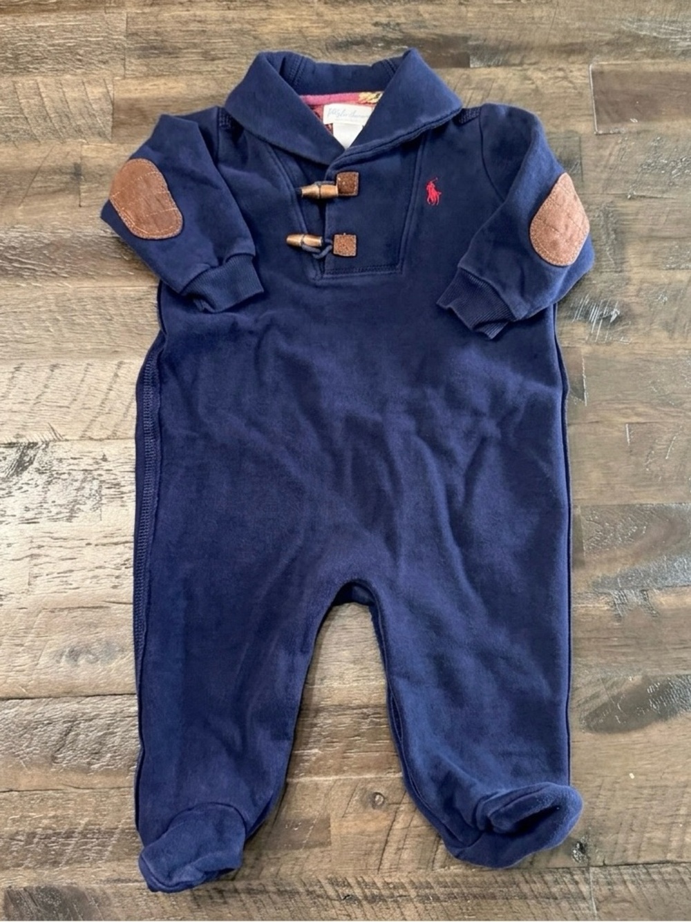 6m Ralph Lauren Navy Footed Baby Boy Romper | Brown Elbow Patches & Wood Toggles